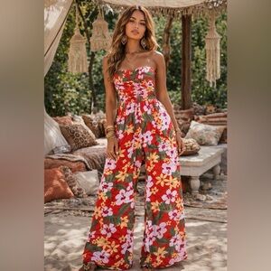 Strapless Floral Wide-Leg Jumpsuit - Red